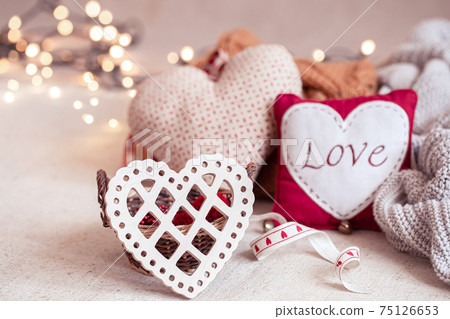 Composition of cute decor details for Valentine's Day. 75126653