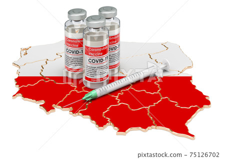 Vaccine and syringe with Polish map. Vaccination in Poland concept, 3D rendering Vaccine and syringe with Polish map. Vaccination in Poland concept, 3D rendering 75126702