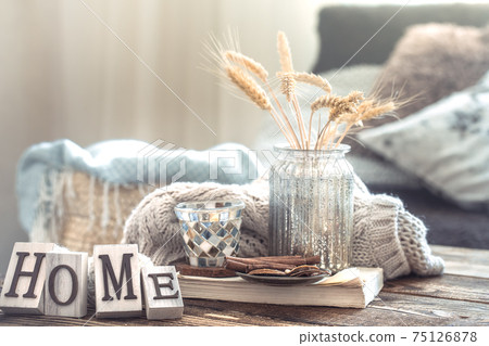 Still life details of home interior on a wooden table 75126878