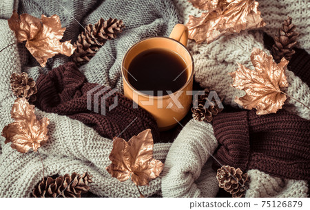 Still life Cup of tea with autumn leaves and sweater. Still life Cup of tea with autumn leaves and sweater. 75126879
