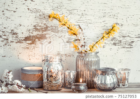 Home decor on wooden background with spring flowers 75127053