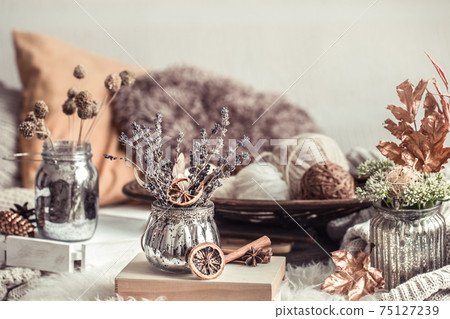 Autumn still Life home decor in a cozy house. 75127239