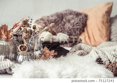Autumn still Life home decor in a cozy house. 75127243