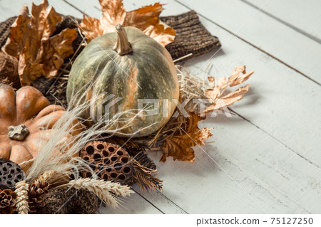 Autumn background with decorative items and pumpkin. Autumn background with decorative items and pumpkin. 75127250