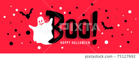 happy halloween celebration banner with white ghost 75127692