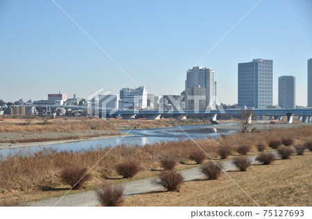冬季從多摩川看的二子玉川站建築物的視圖・市區河 75127693
