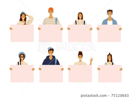 Cartoon characters of young women and men holding blank placards. Girls and guys with banners with place for text. Young activists, school sale. Vector illustration. Cartoon characters of young women and men holding blank placards. Girls and guys with banners with place for text. Young activists, school sale. Vector illustration. 75128683