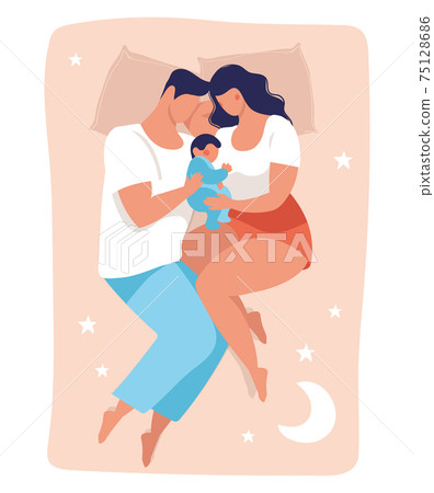 A young family sleeps with a child. Daddy and mommy are sleeping on the bed hugging the baby. Flat vector illustration isolated on white background. 75128686