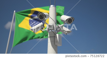 Outdoor security cameras near flag of Brazil. 3d rendering 75128722