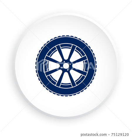 wheel with tire and winter rubber tread in neomorphism style on white background. Winter tires for car. Driving on slippery road. Driving safety. Vector 75129120