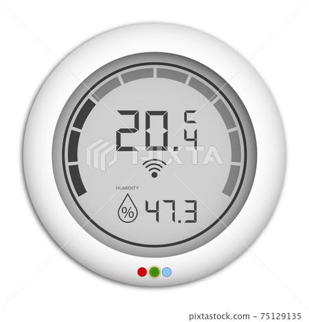 Wall mounted digital controller with hygrometer, regulator for remote control of climate in house. Part of smart home system. Comfortable room temperature. Realistic vector Wall mounted digital controller with hygrometer, regulator for remote control of climate in house. Part of smart home system. Comfortable room temperature. Realistic vector 75129135