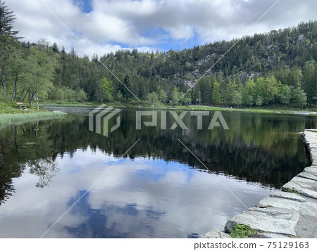 Holiday morning strolling around the lakes of Bergen, Norway 75129163