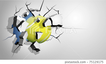 tennis ball punched through the wall and breaks into shards, cracks on wall. Inflicting heavy damage. Vector tennis ball punched through the wall and breaks into shards, cracks on wall. Inflicting heavy damage. Vector 75129175