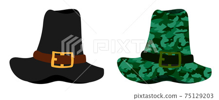 Tall pilgrim hat in natural colors and camouflage. Party wear for Thanksgiving. History of development of America. Vector in minimalistic flat style 75129203