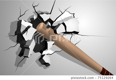 sports wooden baseball bat breaks wall into shards, cracks on wall. Inflicting heavy damage. Vector 75129264