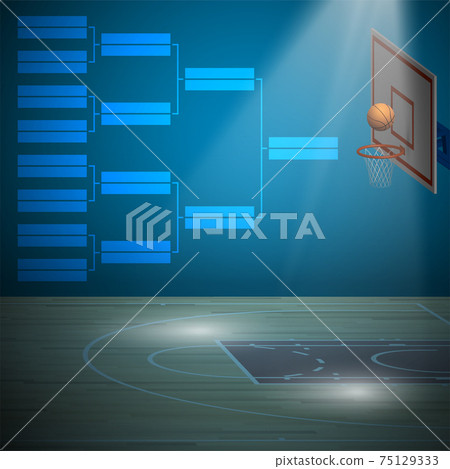 Sports score table on background of sports basketball court with backboard, hoop and ball for banner. Background for competition. Vector Sports score table on background of sports basketball court with backboard, hoop and ball for banner. Background for competition. Vector 75129333