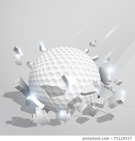 sport ball for golf crashed into the ground at high speed and breaks into shards, cracks after perfect hit. Inflicting heavy damage. Vector 75129357