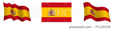 Spain flag in static position and in motion, developing in wind in exact colors and sizes, on white background Spain flag in static position and in motion, developing in wind in exact colors and sizes, on white background 75129359