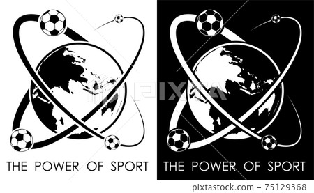 soccer balls revolve around planet earth in form of atom. Power and energy of sport. Football sport competition emblem. Vector 75129368