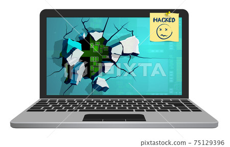 Silver broken laptop hacked by hacker with screen flying into fragments. Computer security, reliability of data storage in network. Installation of security programs. Vector Silver broken laptop hacked by hacker with screen flying into fragments. Computer security, reliability of data storage in network. Installation of security programs. Vector 75129396