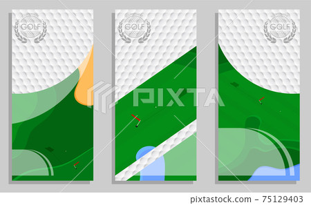 Set of vertical golf competition flyers with field top view. Templates for sport invitation, banners, brochures. Sport equipment. Vector 75129403