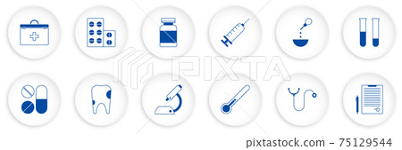 set of medical icons. First aid kit, stethoscope, pills, syringe, tooth, microscope, test tubes with analyzes, doctor conclusion. Vector in neomorph style on white background 75129544