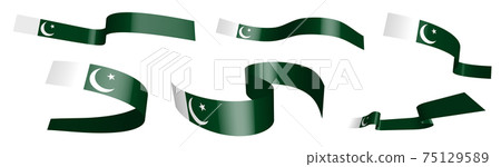 Set of holiday ribbons. Flag of Islamic Republic of Pakistan waving in wind. Separation into lower and upper layers. Design element. Vector on white background 75129589