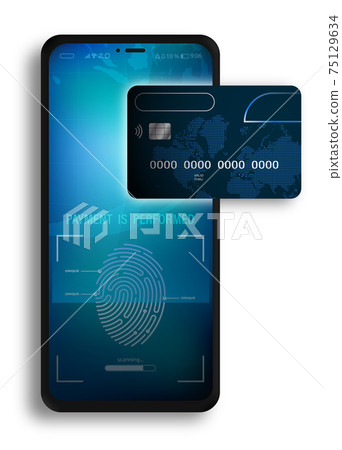 secure payments online with smartphone in online store. Internet payment via mobile phone by credit card. Bank card data scanning. Fingerprint identification concept. Vector secure payments online with smartphone in online store. Internet payment via mobile phone by credit card. Bank card data scanning. Fingerprint identification concept. Vector 75129634