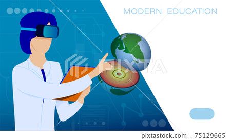 Research Institute. Student, scientist in virtual reality glasses looks at planet in cut. High technologies in modern education. Virtual reality in teaching university students. Vector Research Institute. Student, scientist in virtual reality glasses looks at planet in cut. High technologies in modern education. Virtual reality in teaching university students. Vector 75129665