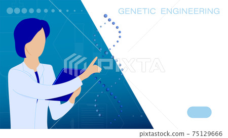 Research Institute. Student, medical scientist in white coat examines DNA spiral. Molecular engineer vector page. Laboratory scientist is conducting research experiment. Vector 75129666