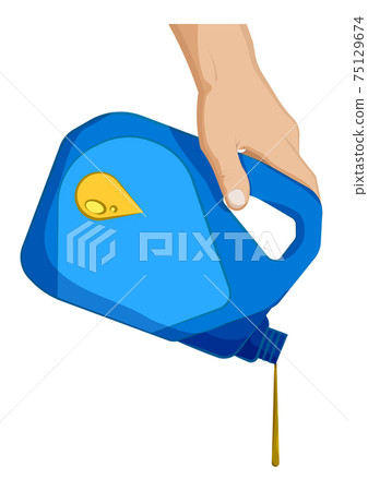 repairman male hand holding plastic canister and pouring car oil. Stable machine engine operation. Car maintenance and seasonal oil change at service center. Cartoon vector 75129674