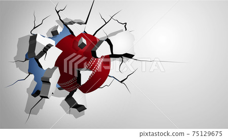 red cricket ball punched through the wall and breaks into shards, cracks on wall. Inflicting heavy damage. Vector 75129675