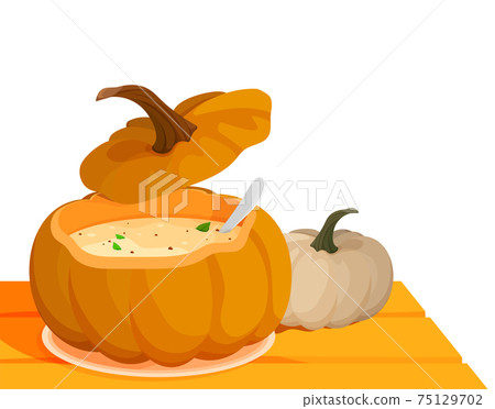 Pumpkin cream soup in open pumpkin on table.... - Stock Illustration  [75129702] - PIXTA