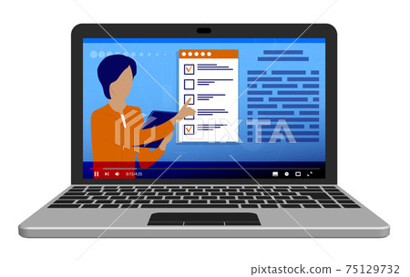 Online education, learning. Teacher conducts lesson online from laptop. Explains teaching material. Student takes exam using checklist from smartphone on Internet. Vector Online education, learning. Teacher conducts lesson online from laptop. Explains teaching material. Student takes exam using checklist from smartphone on Internet. Vector 75129732