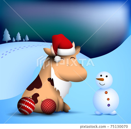 happy little bull, ox in winter clothes makes snowman. Symbol of 2021 of Chinese calendar with satisfied smile on face. Funny animals. Vector 75130070