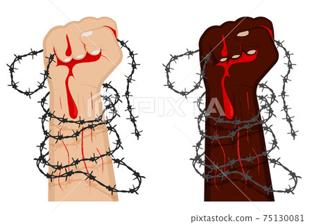 hand clenched into fist in barbed wire loops. Combating injustice and discrimination. Illegally convicted prisoners of prisons and concentration camps. Carton vector 75130081