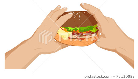 hamburger with bacon, cheese and lettuce on bun in hands of man. Fast food. Cartoon vector on white background hamburger with bacon, cheese and lettuce on bun in hands of man. Fast food. Cartoon vector on white background 75130082