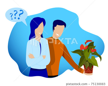 guy gives young girl, friend pot with indoor flower. Friendship between man and woman, family relationships. Gifts for no reason. Vector guy gives young girl, friend pot with indoor flower. Friendship between man and woman, family relationships. Gifts for no reason. Vector 75130083