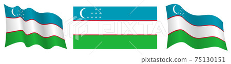 flag of uzbekistan in static position and in motion, fluttering in wind in exact colors and sizes, on white background 75130151