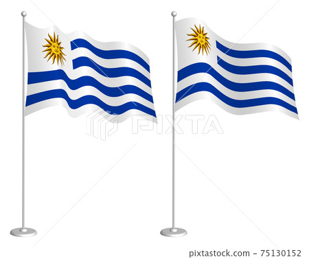 flag of Uruguay on flagpole waving in wind. Holiday design element. Checkpoint for map symbols. Isolated vector on white background 75130152