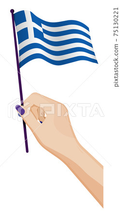 Female hand gently holds small Greece flag. Holiday design element. Cartoon vector on white background 75130221