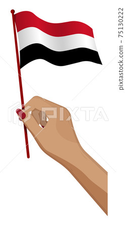 Female hand gently holds small flag of yemen republic. Holiday design element. Cartoon vector on white background 75130222