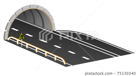entrance to automobile tunnel with swith parking area and warning sign. Automobile bridge with arched tunnel in mountains. Vector 75130340