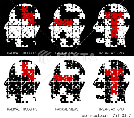 Concept. Human head made of puzzle pieces. Radical views, radical thoughts, terrible deeds. No terrorism. Vector 75130367