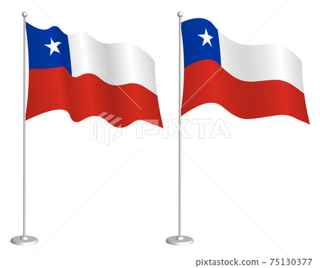 Chile flag on flagpole waving in wind. Holiday design element. Checkpoint for map symbols. Isolated vector on white background Chile flag on flagpole waving in wind. Holiday design element. Checkpoint for map symbols. Isolated vector on white background 75130377