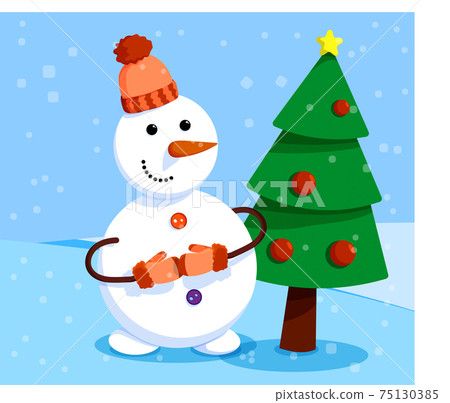 cheerful snowman stands in front of elegant New Year tree. Winter landscape and snowman. Meeting of Christmas and New Year. Winter fun. Cartoon vector 75130385