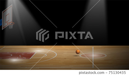 bright beam illuminates sports basketball court with backboard, hoop and ball for banner. Background for competition. Vector bright beam illuminates sports basketball court with backboard, hoop and ball for banner. Background for competition. Vector 75130435