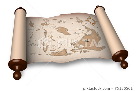 ancient scroll with pirate map in cartoon style. Children games, treasure hunt. Old map with treasure hunt route. Vector ancient scroll with pirate map in cartoon style. Children games, treasure hunt. Old map with treasure hunt route. Vector 75130561