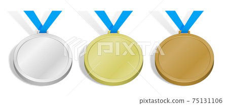 set of sports medals. Templates, layouts for sports design decoration. Gold, silver and bronze award with blue ribbon. 3d vector 75131106