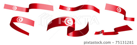 Set of holiday ribbons. Republic of Tunisia flag waving in wind. Separation into lower and upper layers. Design element. Vector on white background 75131281